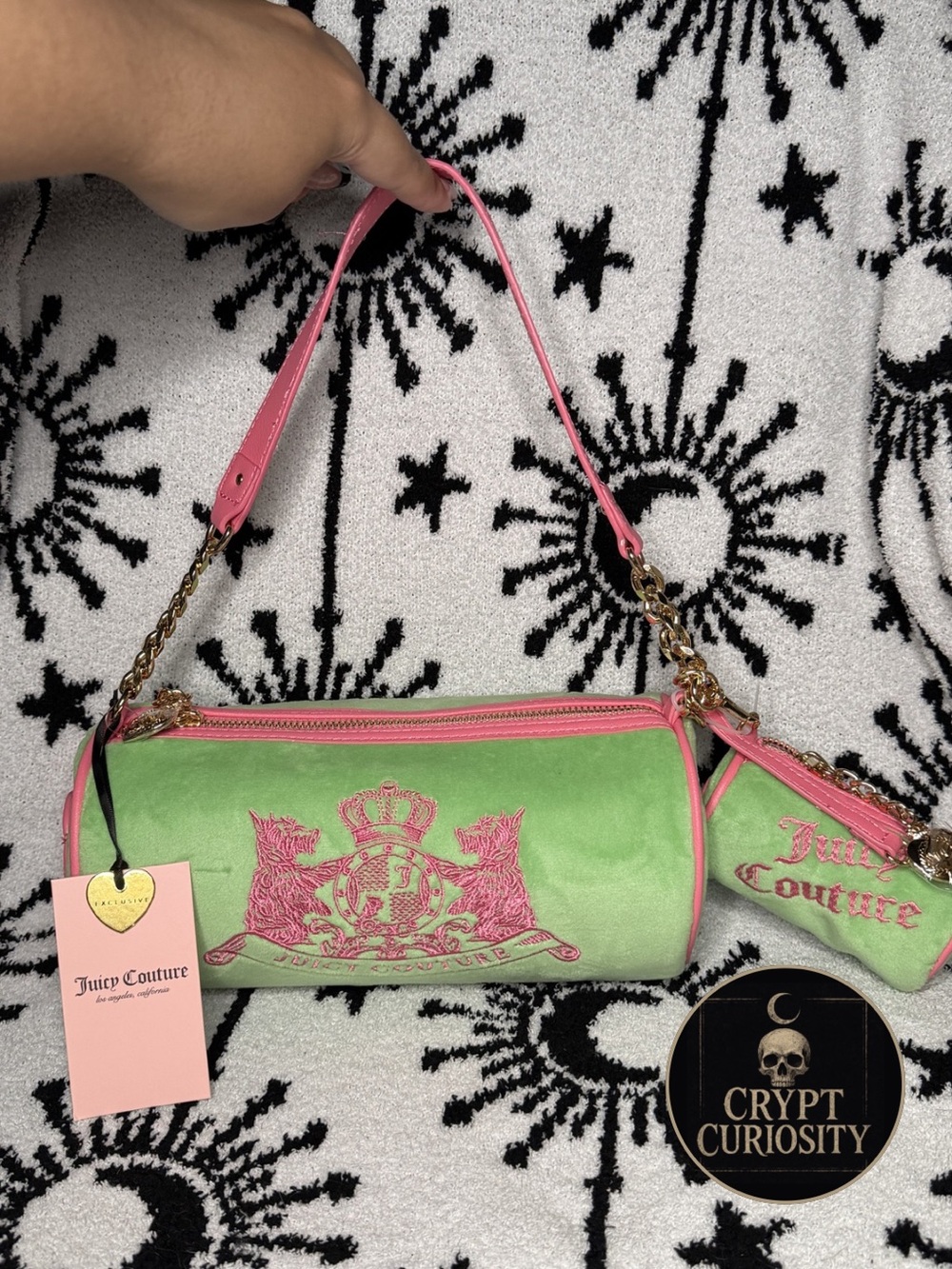 NWT Juicy Couture Scottie Barrel Bag with Mini Bag Charm Retro Green & Pink